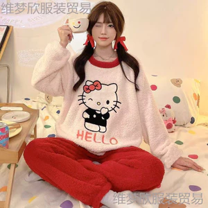 Hàng sẵn có Cung cấp độc quyền Bộ đồ ngủ mùa đông hoạt hình dành cho nữ Bộ đồ mặc nhà dài tay ấm áp cho bé gái dễ thương