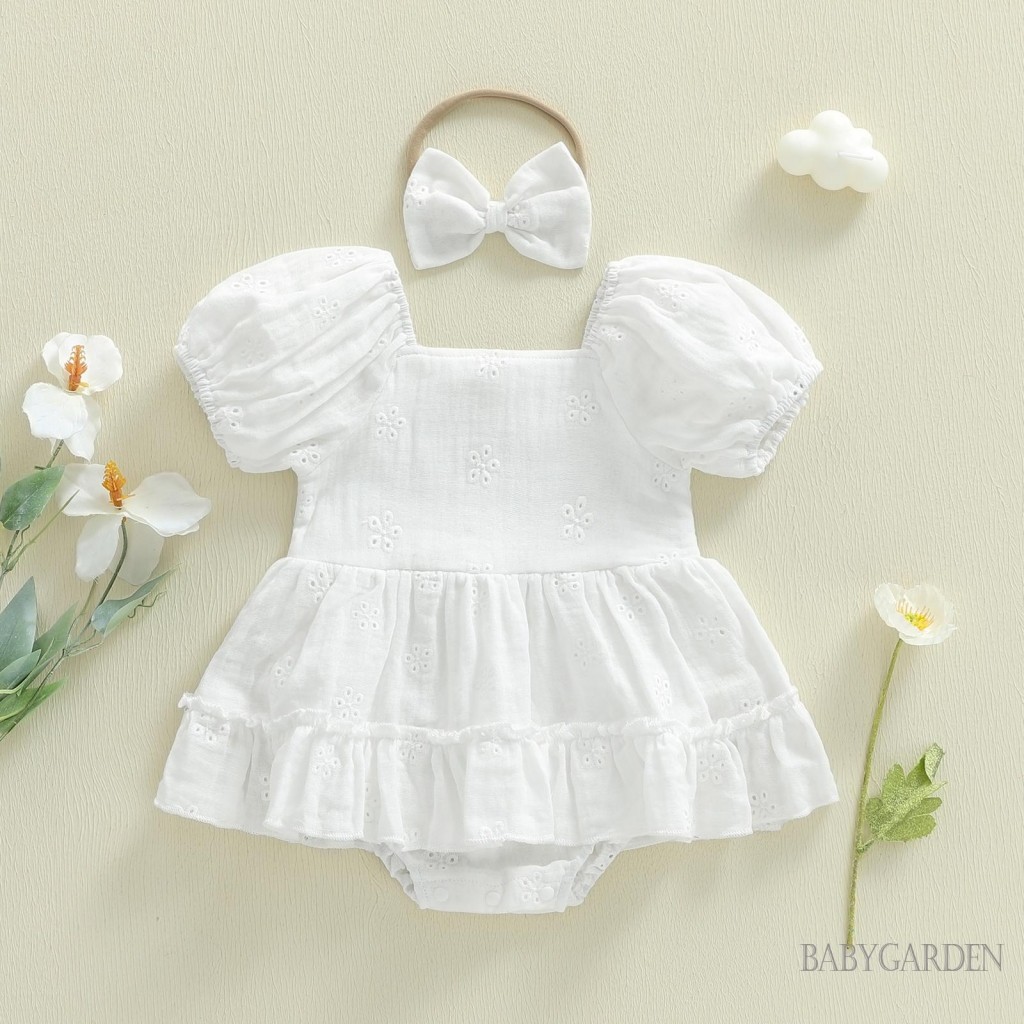 Bé Gái Hoa Thêu Ngón Tay Xù Viền Tay Ngắn Váy Liền Quần Và Nơ Băng Đô Trắng Cho Bé Showe / Lễ Rửa Tội