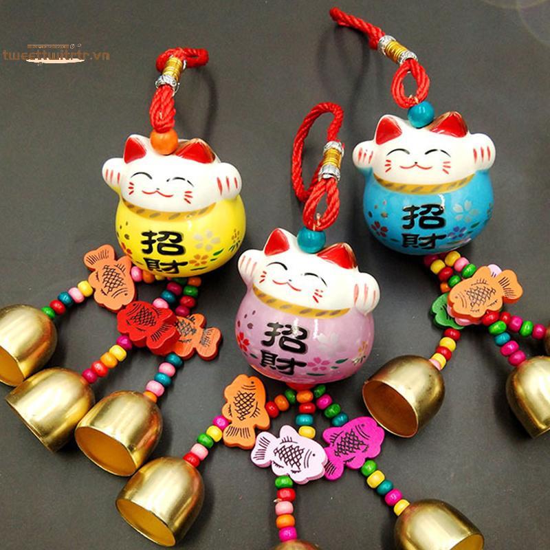 TRTR Fortune Cat Chuông Gió Gốm Treo Xe Trang Trí Sân Vườn Thủ Công Chuông Kim Loại VN