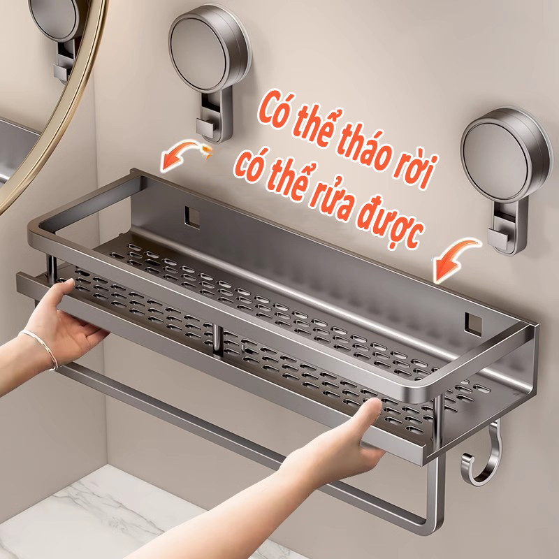 Kệ để đồ nhà tắm hút chân không kèm móc treo khăn,đa chức năng,thép Carbon, chịu lực tốt,Không cần khoan