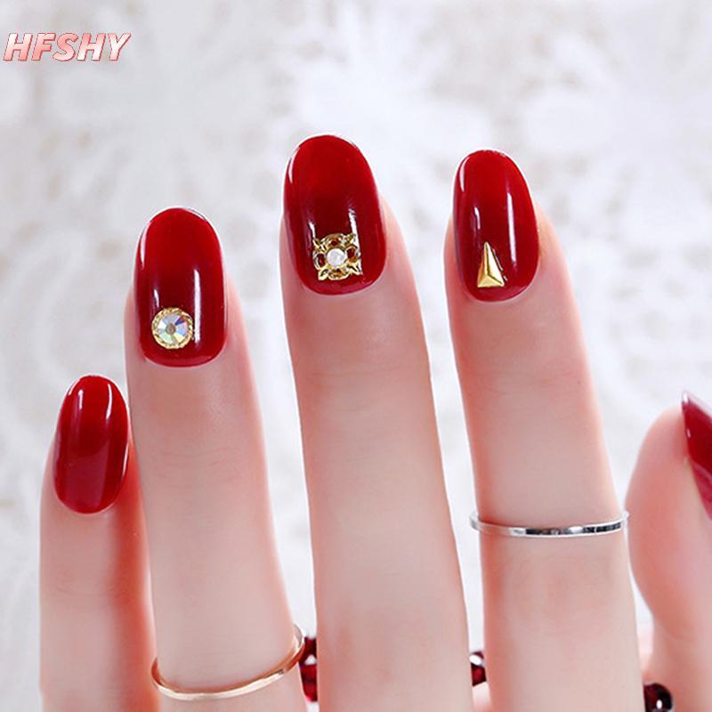 HFSHY 24 Chiếc Móng Tay Giả Đỏ Rượu Vang Đầu Tròn Kèm Keo Dán, Bấm Vào, Có Thể Tháo Rời Cho Nữ VN