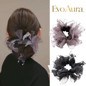 Thanh Lịch Phong Cách Pháp Lưới Nơ Tóc Sang Trọng Pha Lê Mặt Dây Chuyền Scrunchies Người Nổi Tiếng Vuốt Kẹp