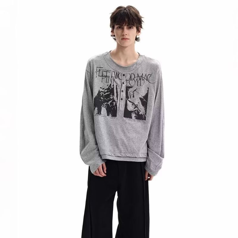 Áo thun dài tay Henley in họa tiết cổ điển kiểu Mỹ