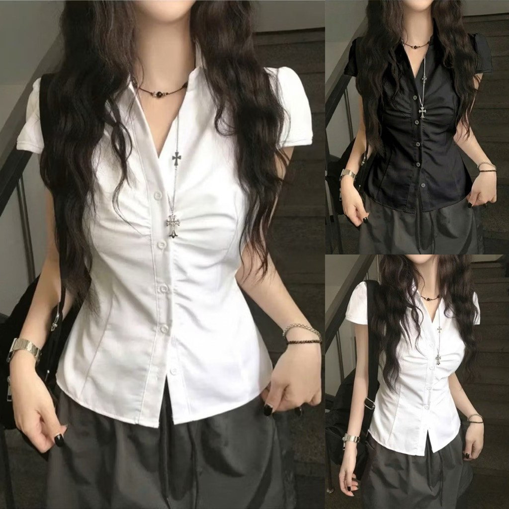 Sơ mi nữ quốc dân tay ngắn nhún bèo siêu sang trọng hợp gu chị em SMG8843