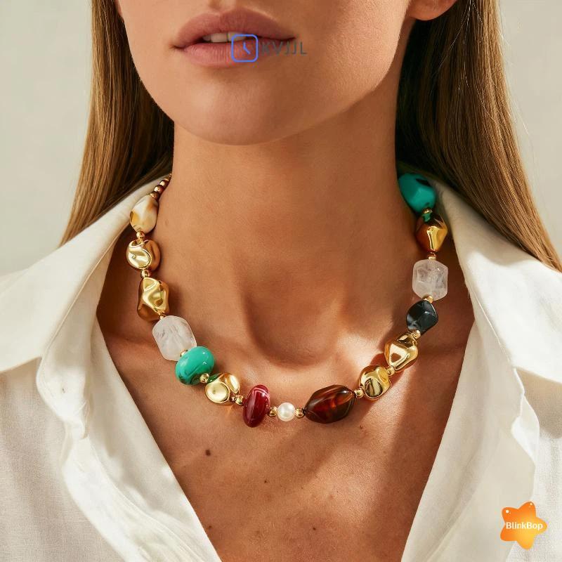 Mặt hàng mới: Choker ngắn bohemian vintage màu nhựa acrylic đính hạt nelace, có thể điều chỉnh