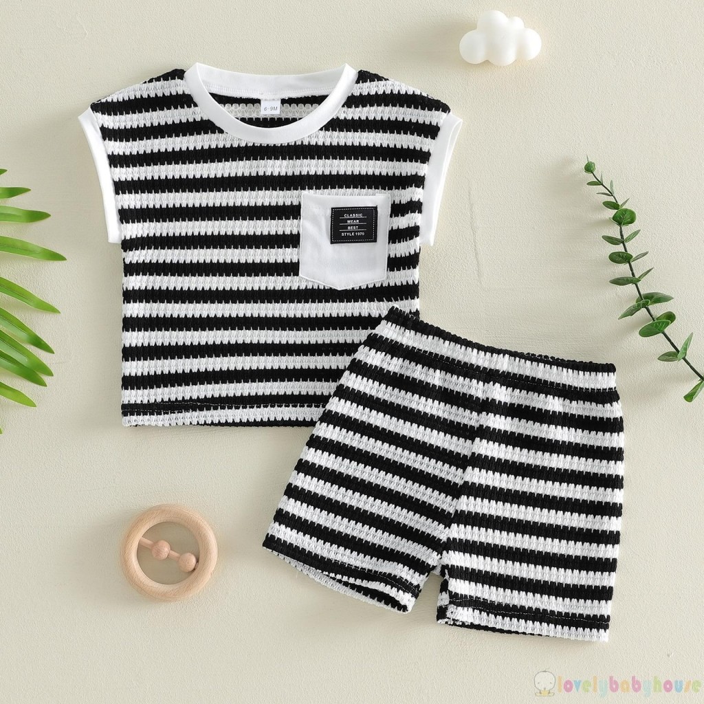 LBH-2 Cái Bé Trai Tập Đi Mùa Hè Không Tay Cổ Tròn Sọc In Hình Xe Tăng Áo Và Quần Short Co Giãn