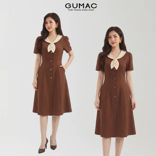 Đầm nữ dáng A xòe GUMAC phối cổ gài hoa phía trước có nẹp đính nút gỗ trang trí LDG0304