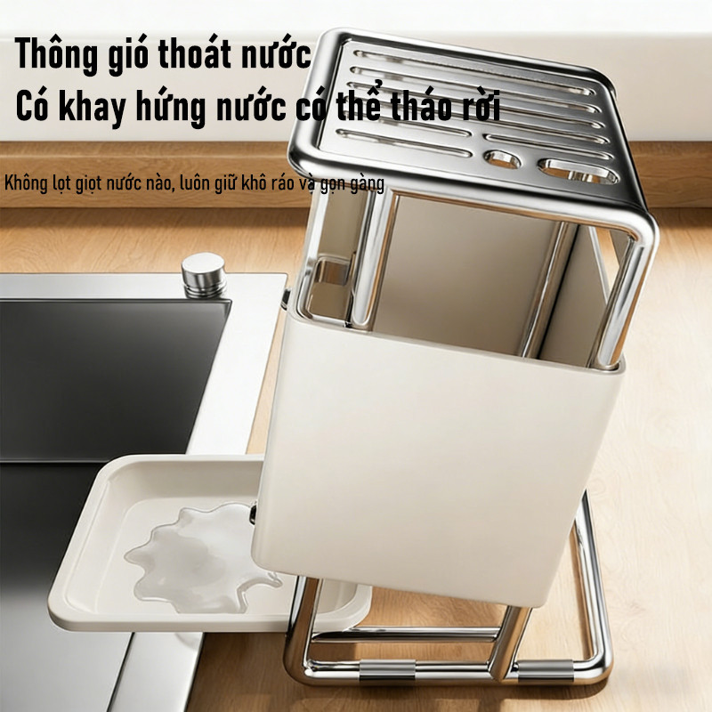 Giá Để Dao Thông Minh Bằng Thép Carbon - Gọn Nhẹ, Kèm Khay Hứng Nước, Lưu Trữ Dao Kéo Hiệu Quả, Gian Bếp Gọn Gàng