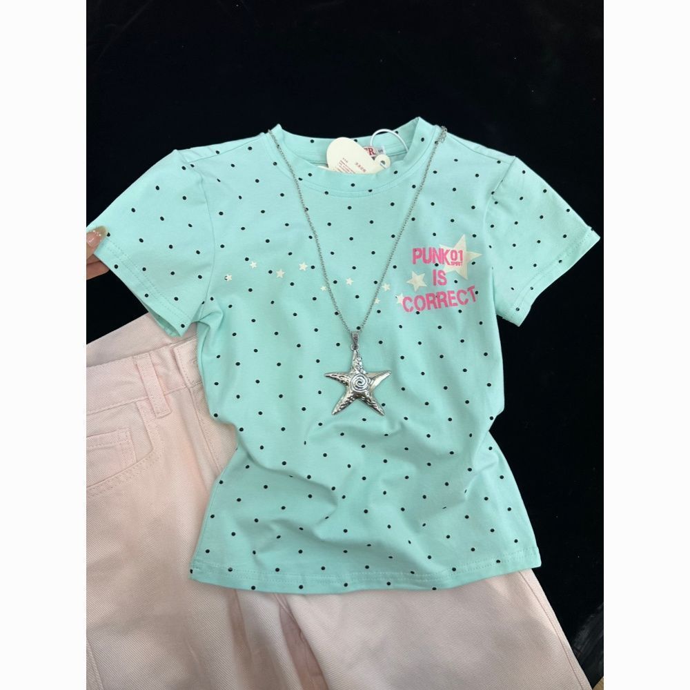 Bán buôn áo thun nữ retro chấm bi in chữ màu bạc hà xanh, form slim-fit