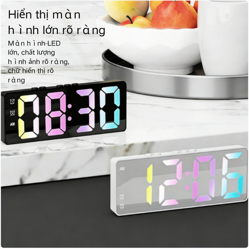 Đồng Hồ Báo Thức Kỹ Thuật Số Mặt Gương Sang Trọng - Phong Cách Để Bàn Phòng Ngủ, Có Đèn LED & Âm Thanh
