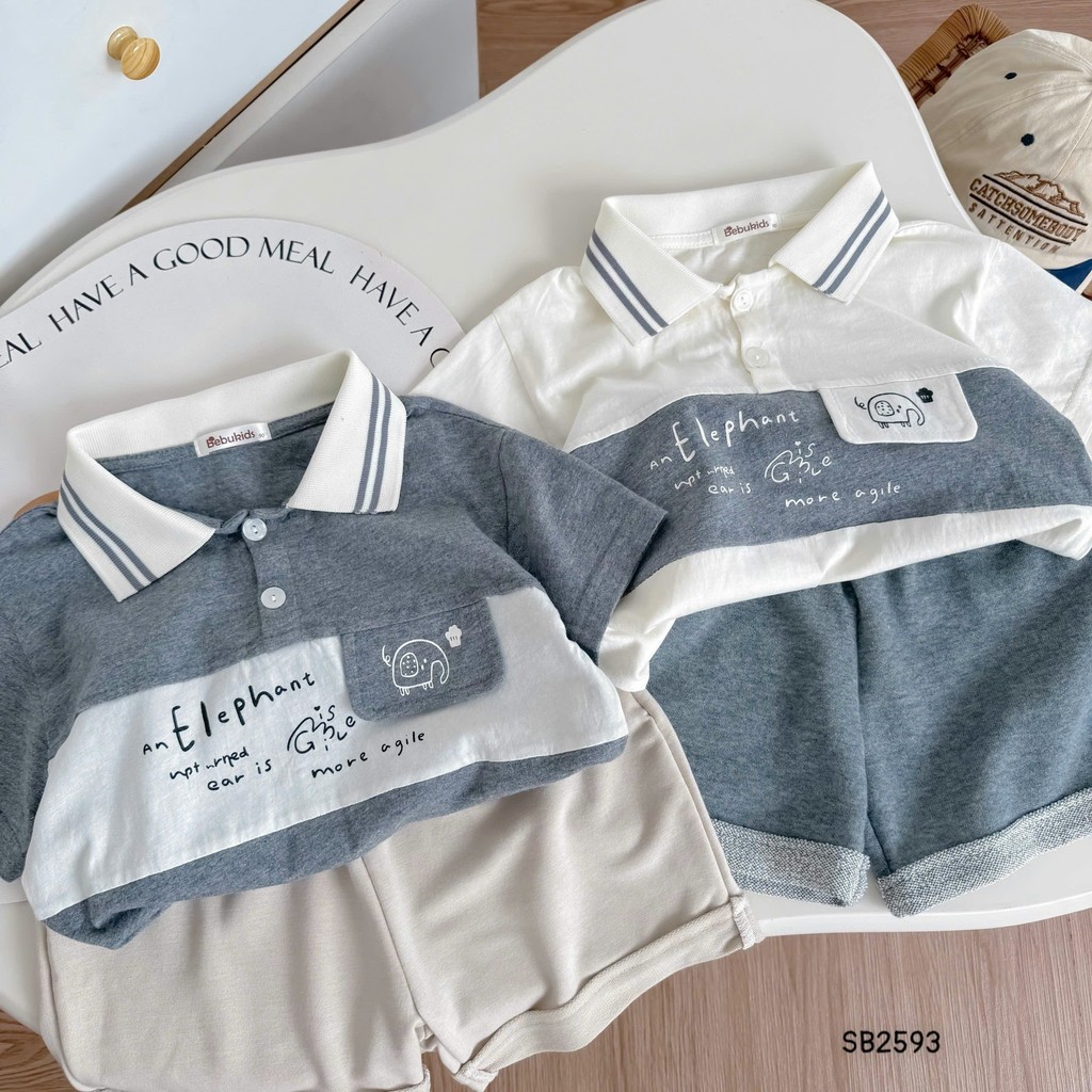 Set polo cộc tay in hình chú voi Bebukids thiết kể cổ nổi bật,thân áo phối màu cá tính cho bé 8-21kg