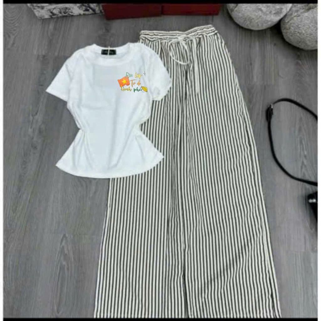 sét bộ quần dài kẻ vằn đũi xốp siêu xinh+mix áo Croptop chữ độc lập tự do chất tăm-chang3158