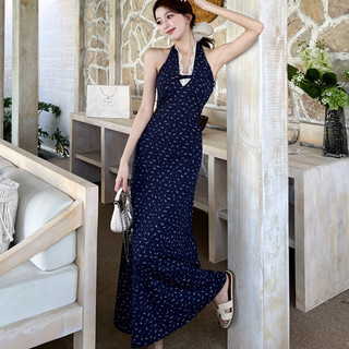 Đầm dài dáng suông cổ bèo họa tiết hoa màu xanh dương, phối ren, dành cho nữ, kiểu dáng thanh lịch, ôm hông.