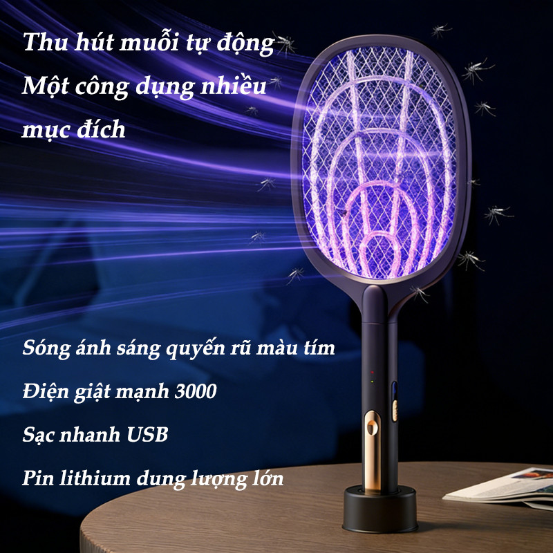 Vợt Muỗi Thông Minh 2 Trong 1 (Vợt + Đèn Bắt Muỗi) - Có Đế Sạc Tiện Lợi, Đèn Tím Thu Hút Côn Trùng, An Toàn & Bền Bỉ