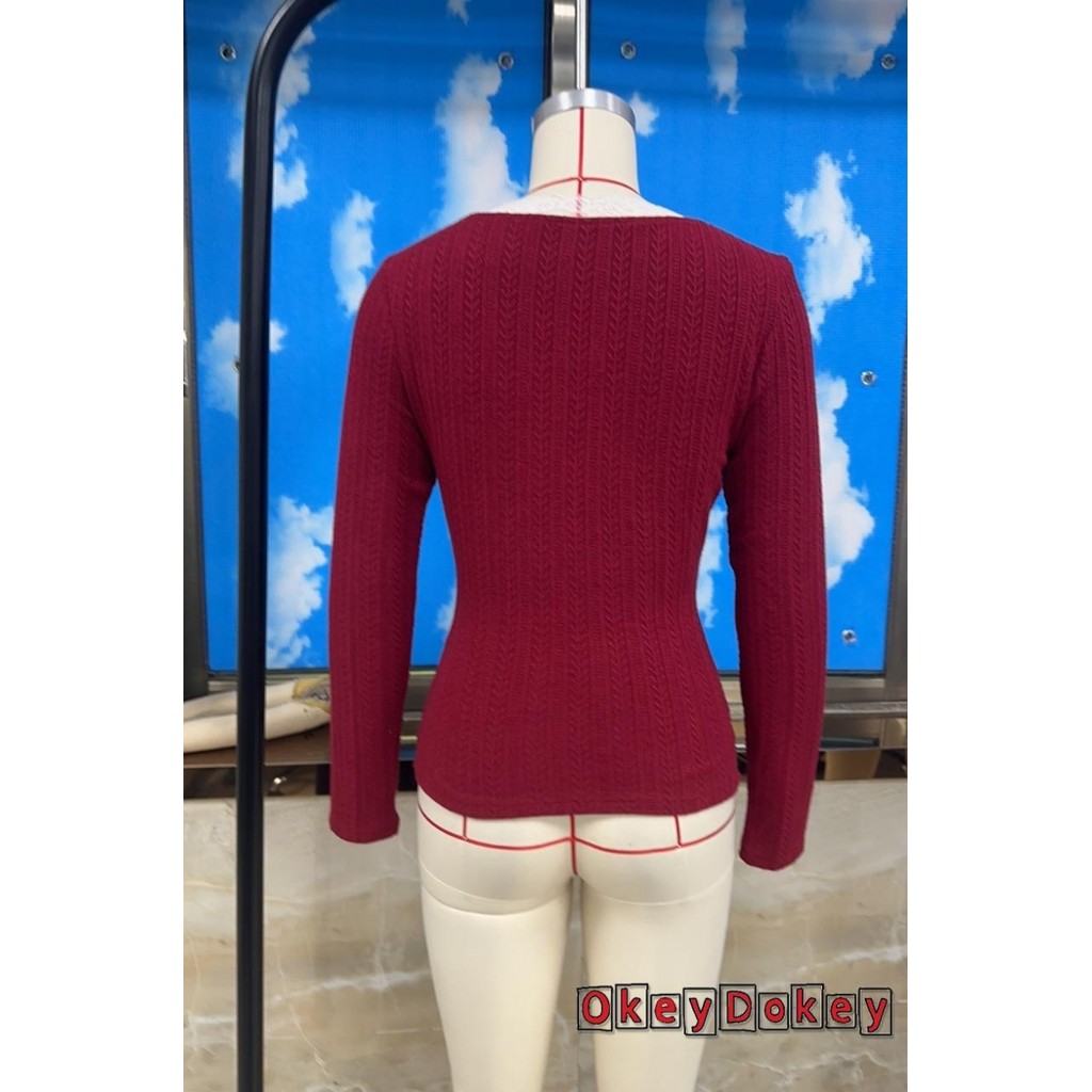 OKDK - Áo thun nữ Cottage Vintage slim fit với nơ ren viền cổ chữ V, phù hợp mùa thu