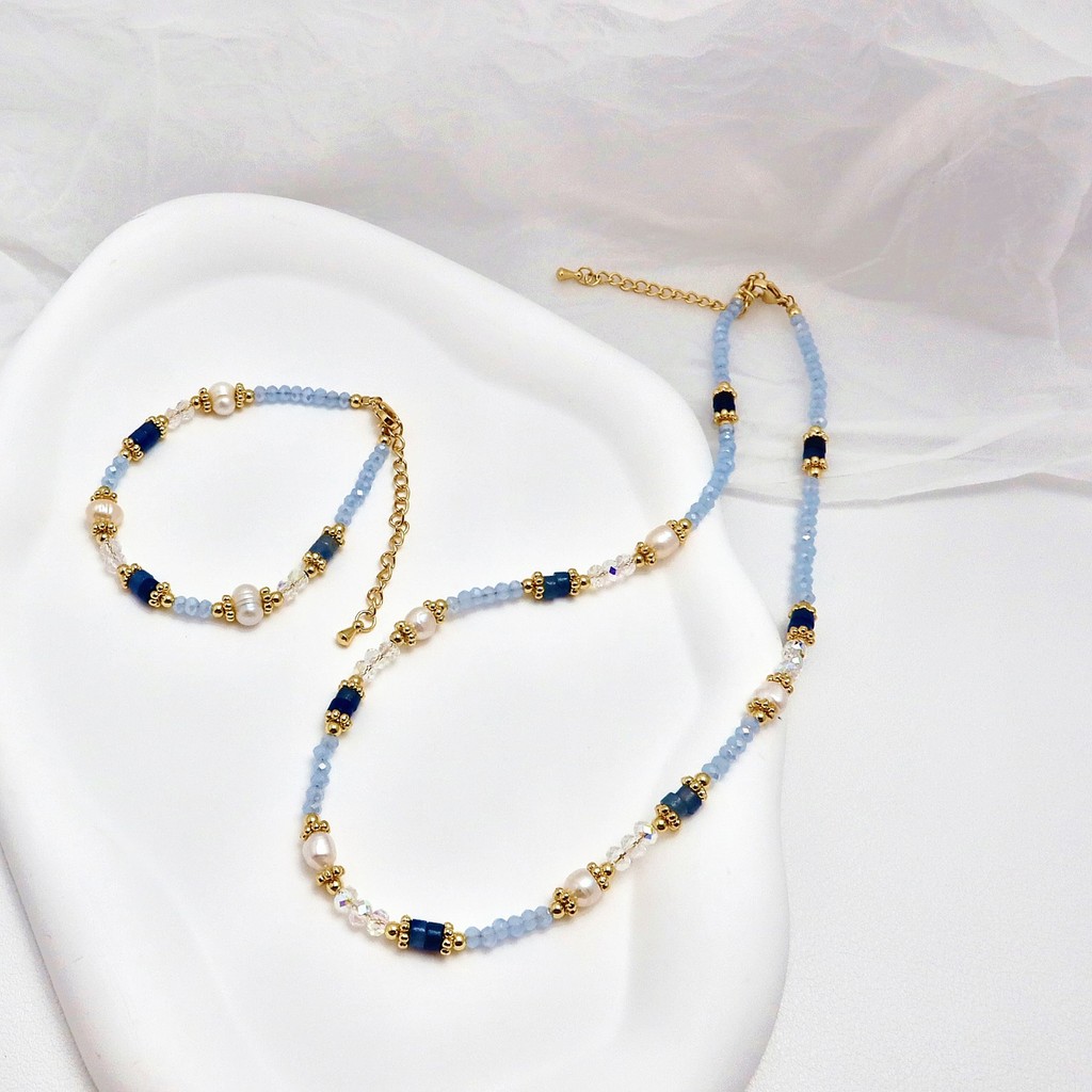 Vòng cổ nữ handmade ngọc trai ngọt nước, hạt vàng biển xanh, thiết kế vintage thanh lịch