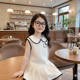 Váy Bé Gái Thêu Hình Hello Kitty Phối Viền cho bé từ 9-25kg