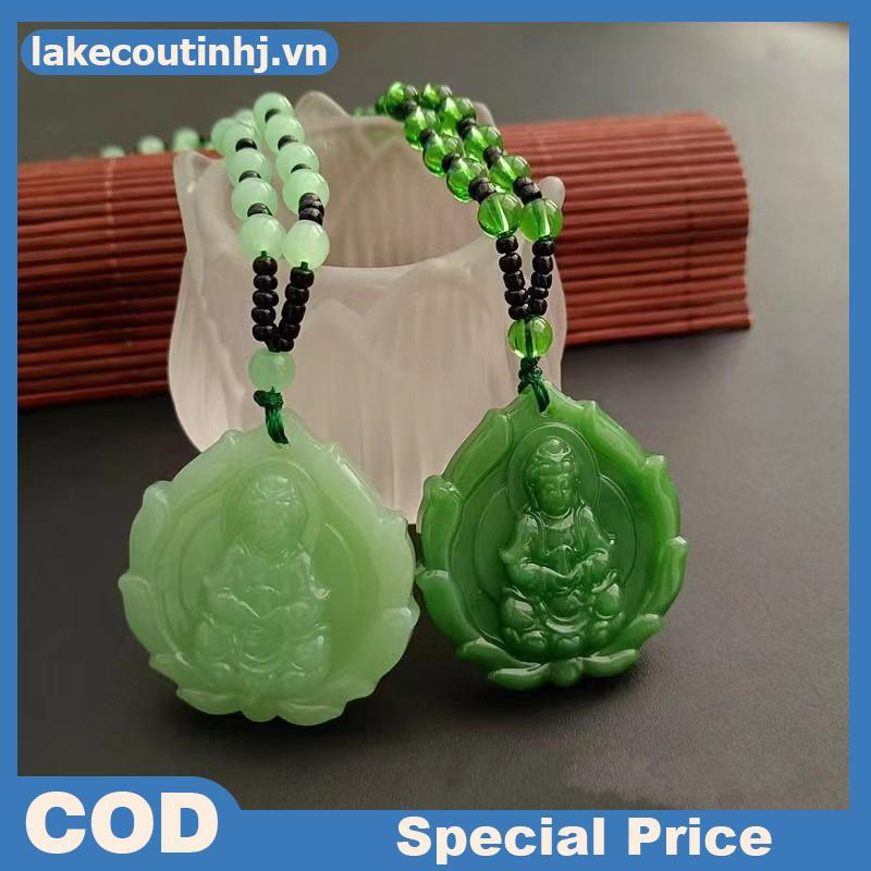 Mặt dây chuyền Phật Quan Âm làm từ ngọc xanh khắc tay, phù hợp làm bùa hộ mệnh và trang sức cho nữ