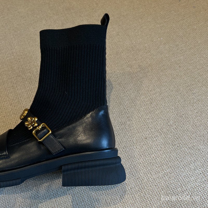 Dày Khóa Kim Loại Co Giãn Giày Bốt Ngắn Retro Phong Cách Đại Học Dệt Kim Mỏng Giày Nữ Đa Năng Loafers Tất Giày Bốt