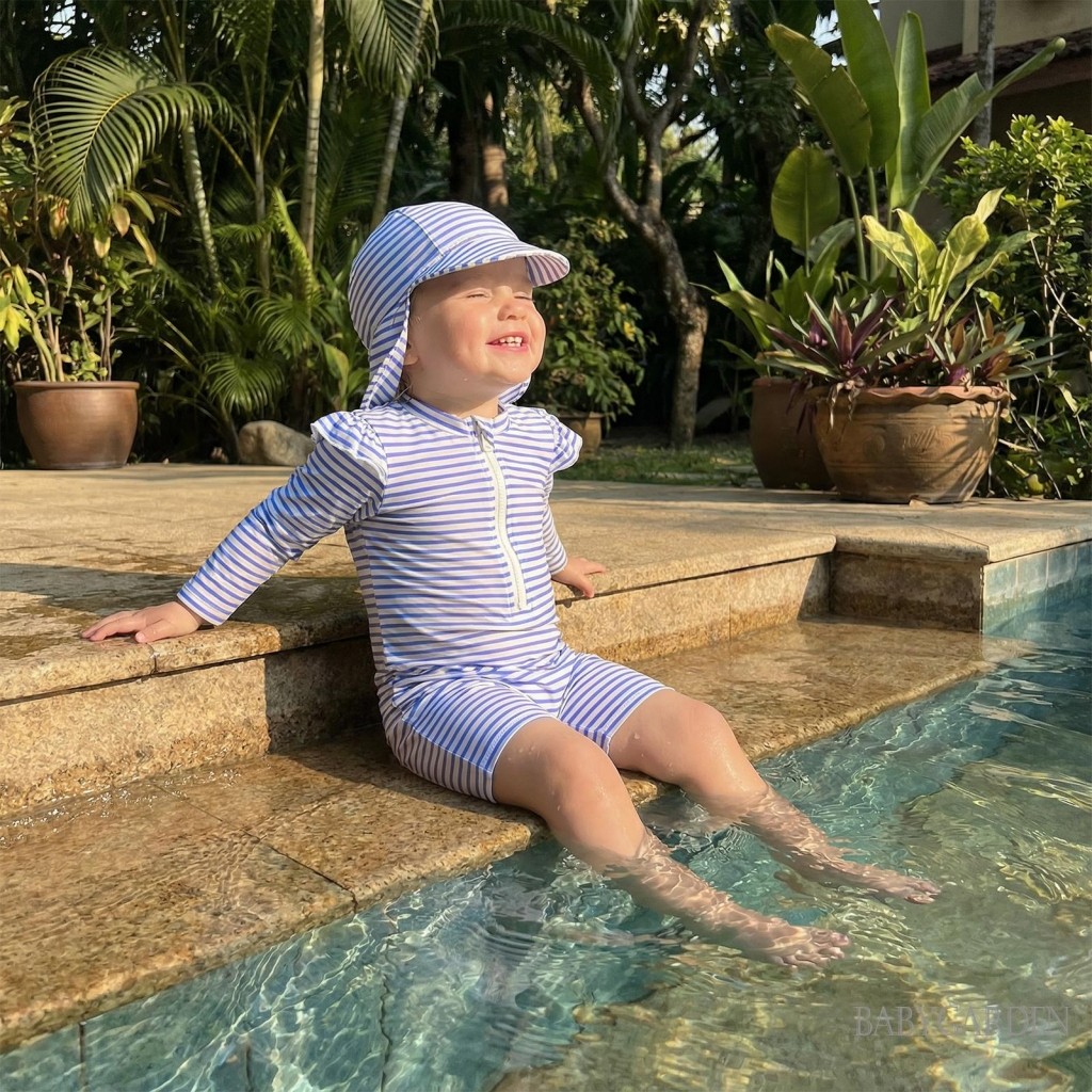 Trẻ mới biết đi Bé gái Rash Guard Đồ bơi Playsuit dài tay cổ tròn sọc Bộ đồ tắm trẻ em có mũ bơi