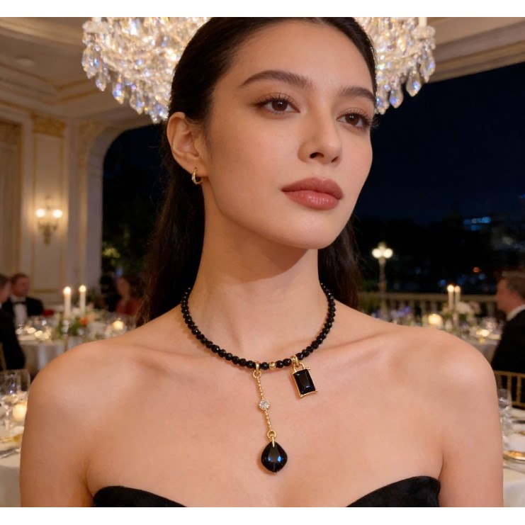 Mặt dây chuyền màu đen hạt pha lê hình vuông, vòng cổ đa năng dành cho nữ