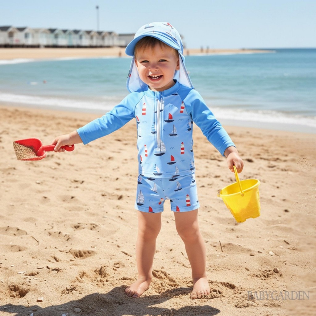 0-5years Trẻ Em Bé Trai 3 Cái Rash Guard Đồ Bơi Tay Dài Cá Mập / Thuyền Thuyền Thuyền In Đồ Tắm Đồ Bơi Có Mũ