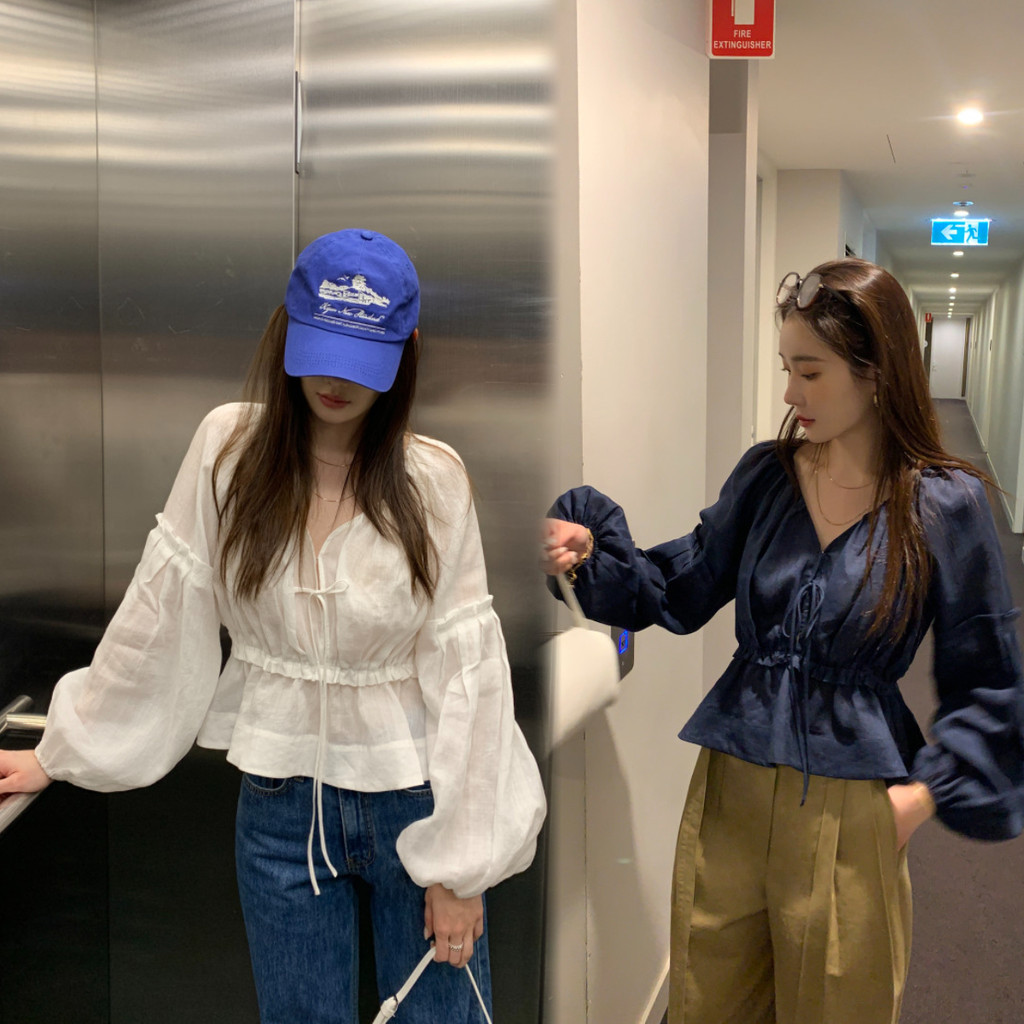 SUXI Áo Voan Nữ Phong Cách Pháp, Cổ Chữ V và Tay Phồng, Mùa Xuân 260123