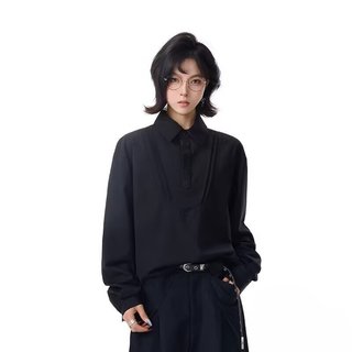 Áo sơ mi polo dài tay thêu, dáng rộng style cổ điển Hàn Quốc