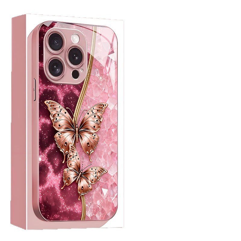 Bướm màu hồng mạ vàng Thích hợp cho vỏ điện thoại 17pro iPhone16PLUS / 14promax Vỏ kính Xs