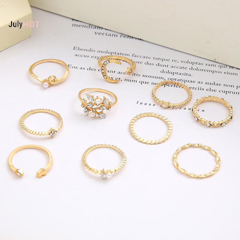 Đồng Set 10 Nhẫn Retro Với Thiết Kế Ngôi Sao, Mặt Trăng và Ngọc Trai - Phù Hợp Cho Các Chủng Mẫu