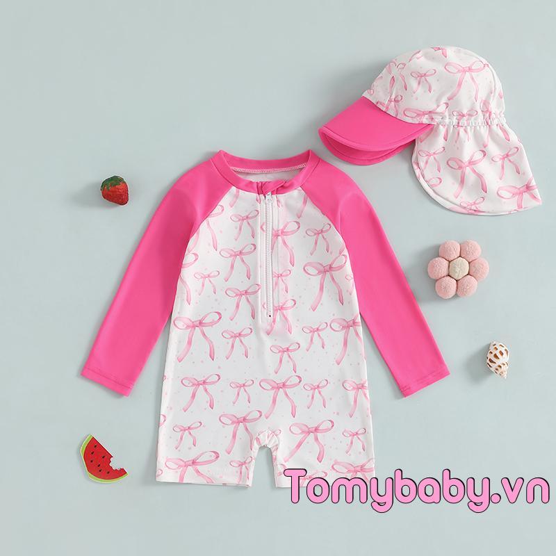 Bộ đồ bơi dài tay cho bé gái mới biết đi Họa tiết hoa / Nơ / Dâu tây có dây kéo nửa dây kéo chống đóng cọc Đồ bơi có bộ Sunhat