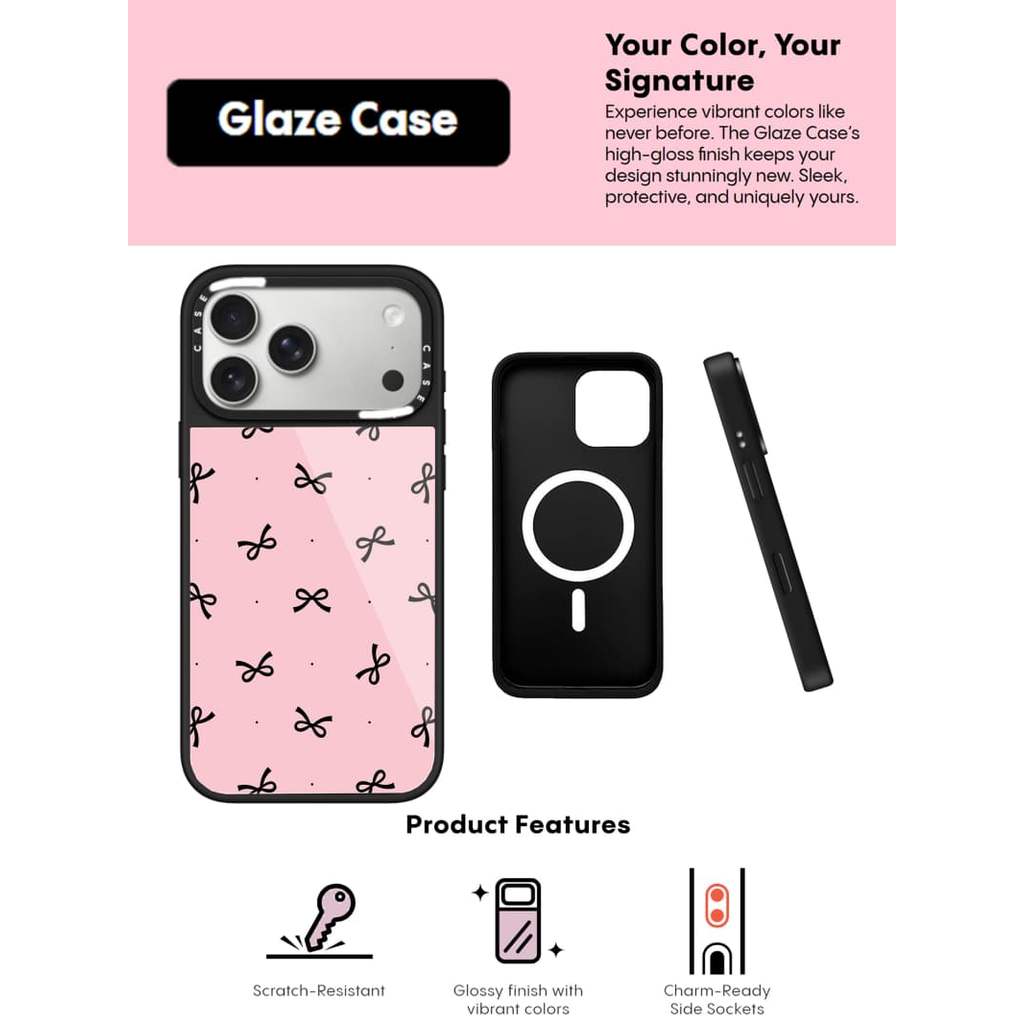 CASECASE X The Bow - Ốp điện thoại màu hồng Vỏ kính hút từ tính chống trầy xước cho IPhone 17 Air 16 15 14 Pro Max Plus Ốp lưng cứng có hộp khắc Logo