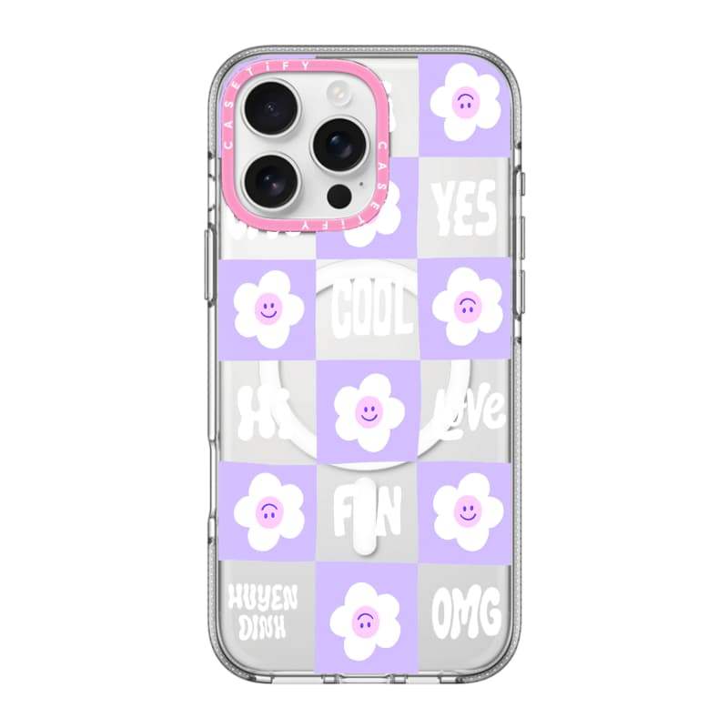 CASECASE X Grid Smiley Face Flower Phone Case HỒNG CAMERA RING EDITION Tác động Vỏ hút từ tính trong suốt cho IPhone 17 / 16 / 15 / 14 / 13 Pro Max Air với bao bì cao cấp