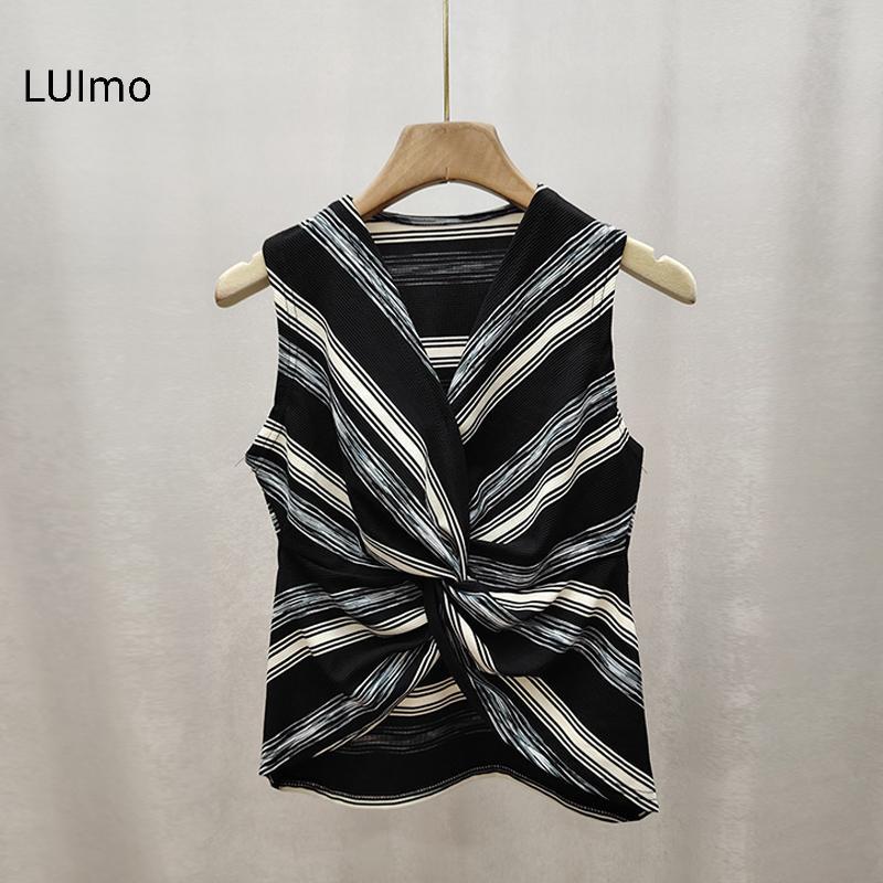 LUImo Áo sơ mi nữ retro sọc vest pleats mỏng dệt kim không tay