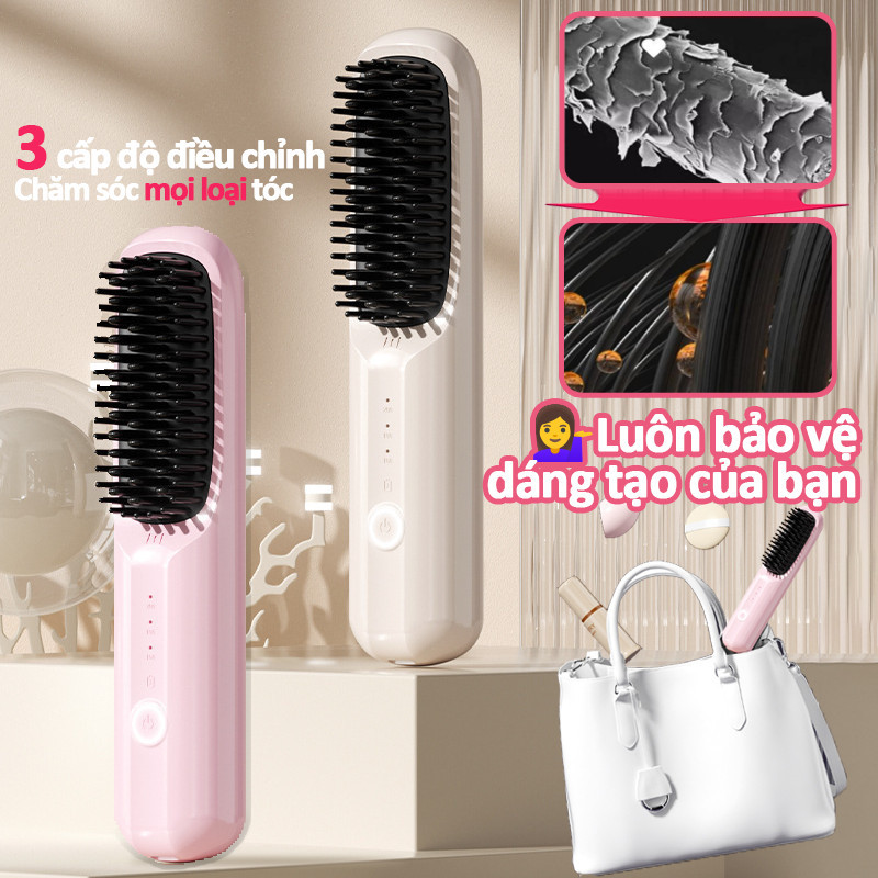 Lược duỗi tóc không dây sạc pin, 3 mức nhiệt chống rối ion âm, thiết kế cầm tay tiện lợi cho nữ