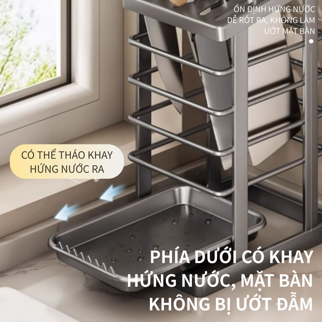 Kệ Để Dao Inox Cao Cấp - Thiết Kế Thoáng Khí, Có Khay Hứng Nước Chống Han Rỉ, Giúp Góc Bếp Gọn Gàng & Sạch Sẽ