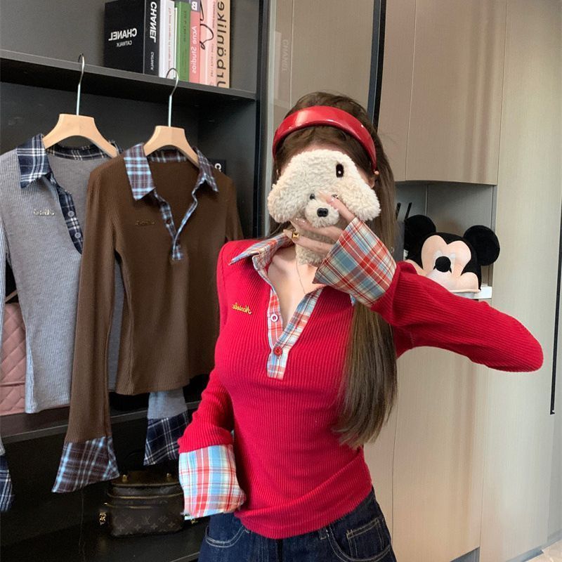 POLO Khâu Dài Tay Kẻ Sọc Thiết Kế Mùa Đông Phong Cách Mới Mùa Đông Retro Slim-fit Hot Girl Base Top