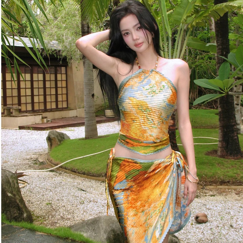 Bộ đồ bơi ba mảnh sọc xếp li in hình Bikini dành cho nữ