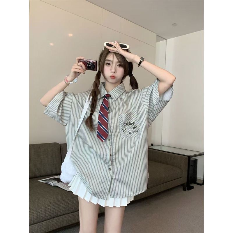 Mỹ Retro Preppy Áo Sơ Mi Nữ Màu Sọc Tương Phản, Mỏng Nhẹ, Phù Hợp Thời Trang Mùa Hè