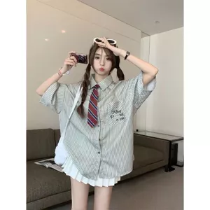 Mỹ Retro Preppy Áo Sơ Mi Nữ Màu Sọc Tương Phản, Mỏng Nhẹ, Phù Hợp Thời Trang Mùa Hè