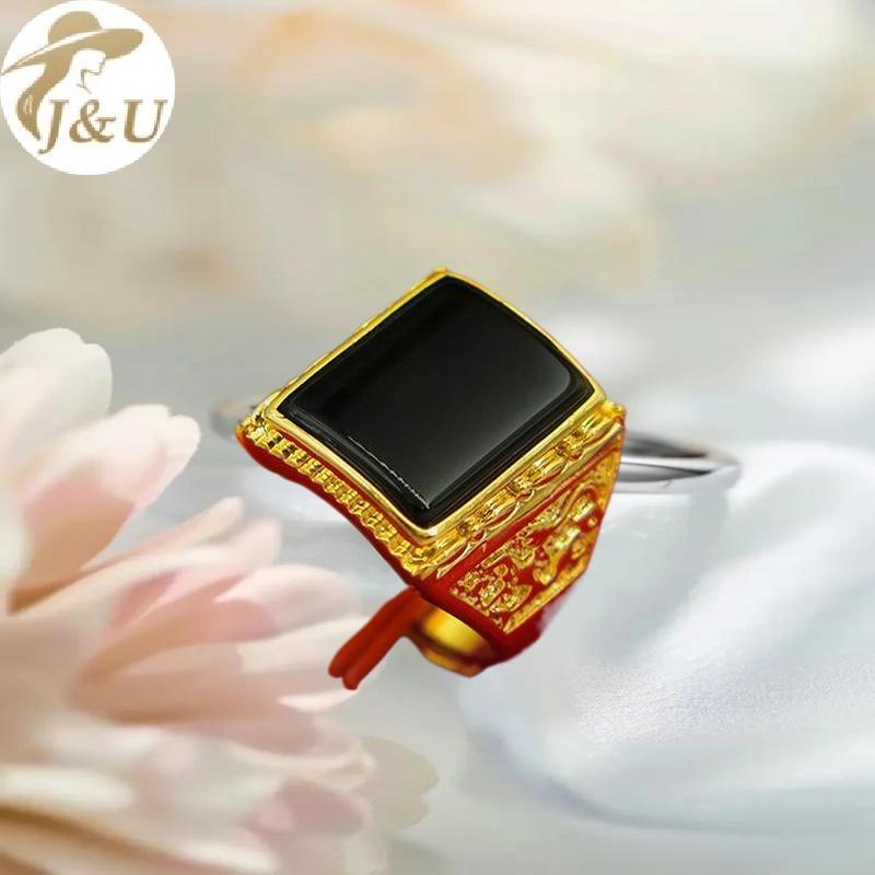 Nhẫn Nam Hình Bầu Dục Lớn Và Nhỏ, Mạ Vàng Với Đá Obsidian