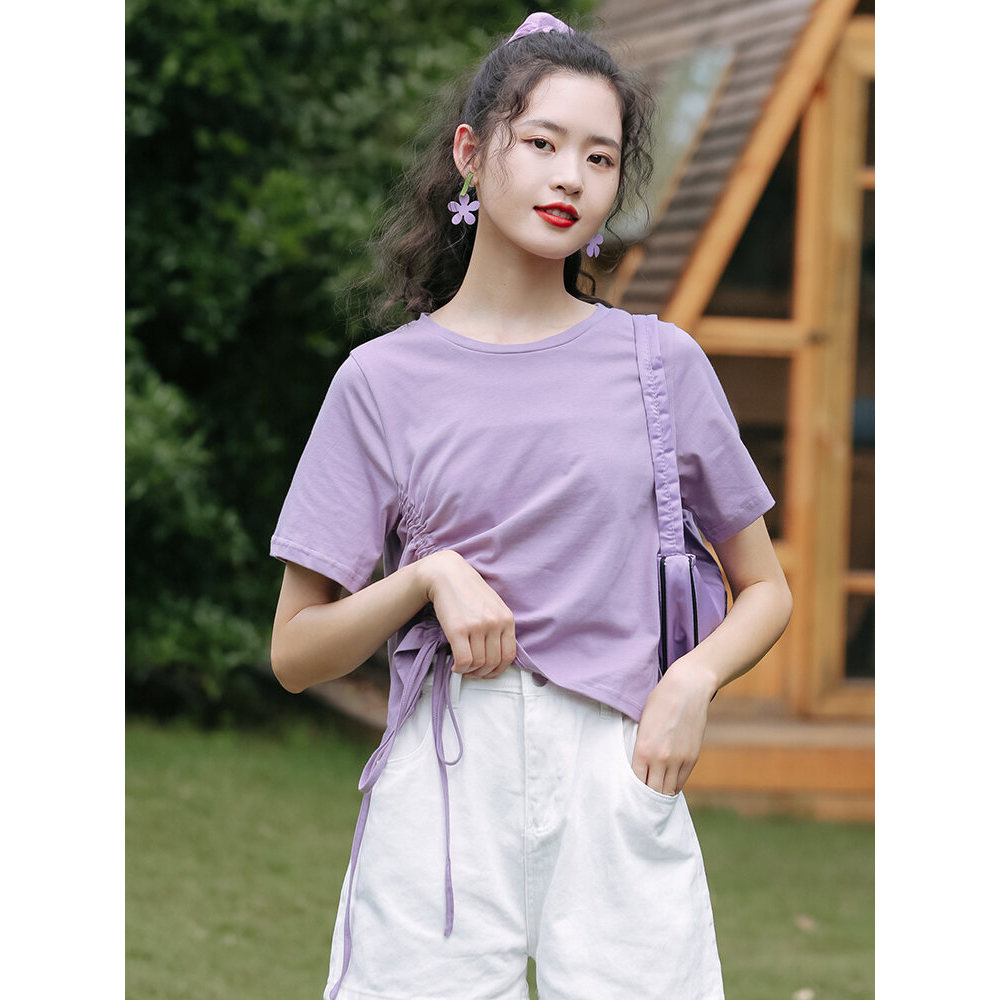 MUTU | Áo thun Cotton nguyên chất ngắn dây rút màu tím