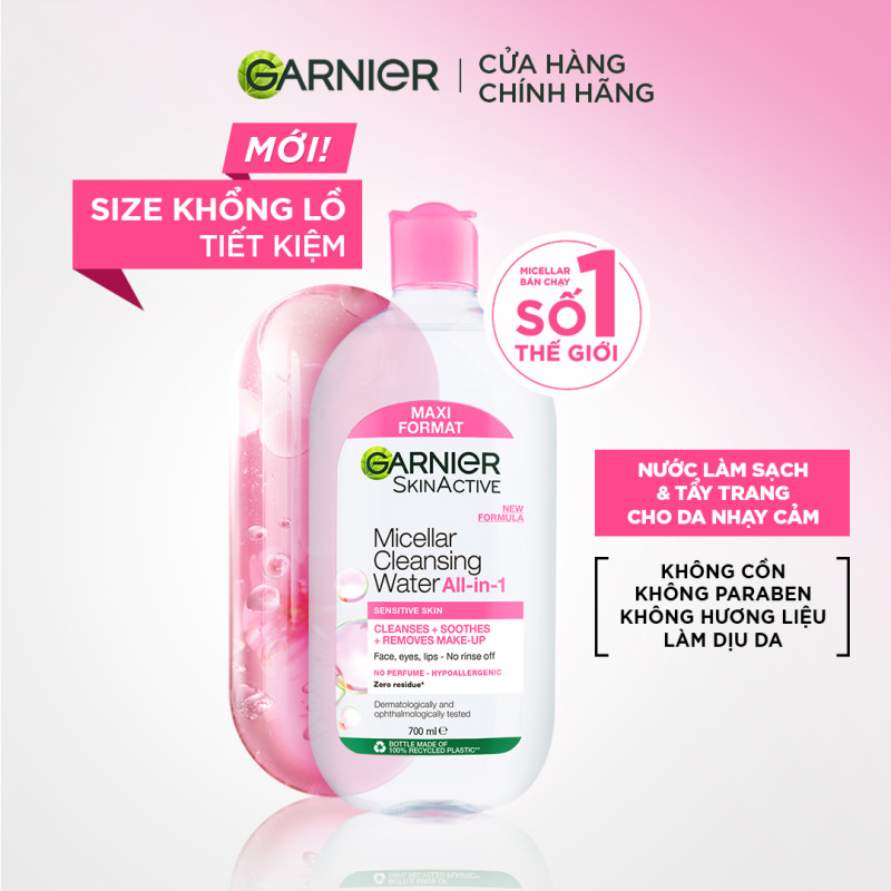 [MUA1 ĐƯỢC7] Bộ 1L Nước Tẩy Trang làm sạch sâu dịu nhẹ cho mọi loại da- Garnier Micellar Cleansing Water(700ml + 50mlx6)