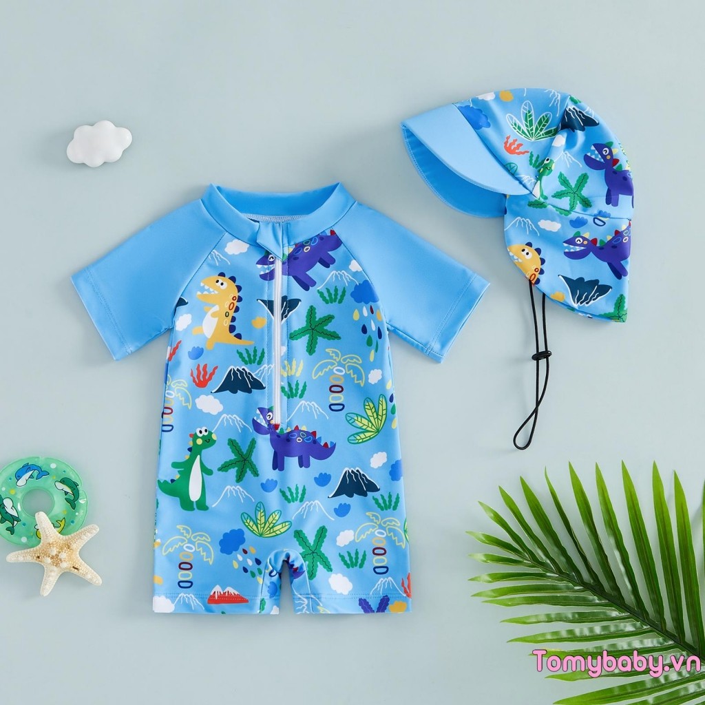 Đồ bơi trẻ em bé trai Rash Guard Cây nhiệt đới / Đồ bơi tay ngắn in hình động vật biển có nắp bơi