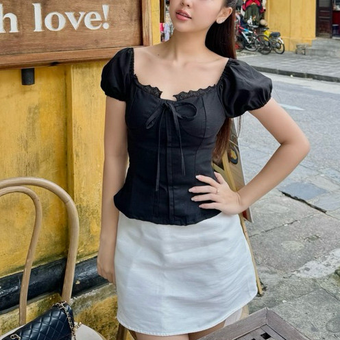 Áo Kiểu Linen Viền Ren Tay Bo - Rattit Top M380  Sài Gòn