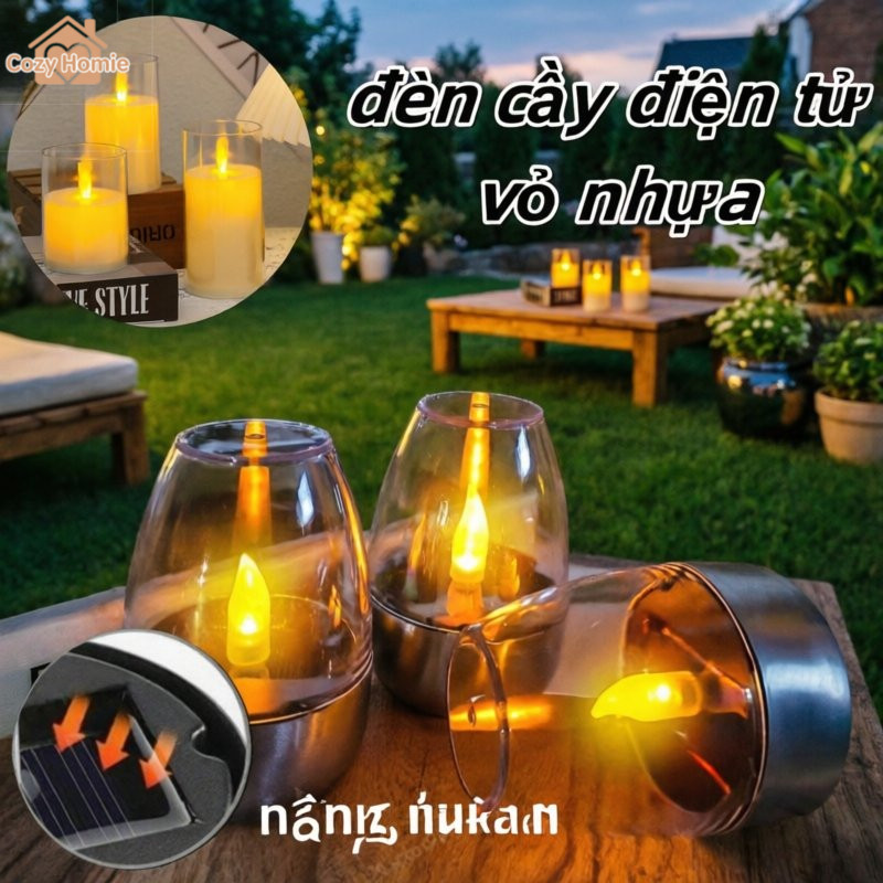 đèn nến LED năng lượng mặt trời tự động sạc ban ngày bật ban đêm ánh vàng ấm thiết kế nhỏ gọn phù