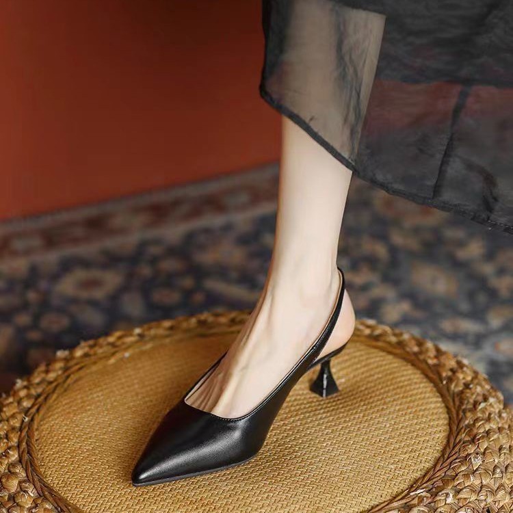 2 Màu Size Lớn 30-45 Giày Cao Gót Gót Gót Nhọn Mũi Nhọn Da Mềm Mũi Đen Dép Che Phủ Tính Khí Mùa Hè Gợi Cảm Ngón Chân Nhỏ KZKB