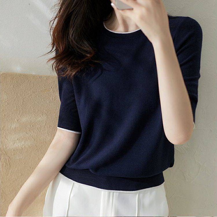 Mùa hè áo thun ngắn tay dệt kim mỏng, cổ tròn dáng rộng, phong cách tươi mát, phù hợp thời trang và thoải mái cho phụ nữ trẻ