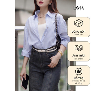Áo sơ mi dáng rộng đính hạt phối họa tiết kẻ sọc LA472
