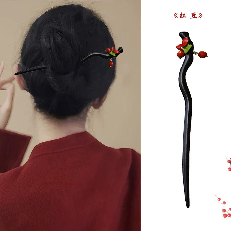 Kẹp Tóc Gỗ Đàn Hương Màu Nâu và Đỏ, Phụ Kiện Hanfu Phong Cách Trung Quốc